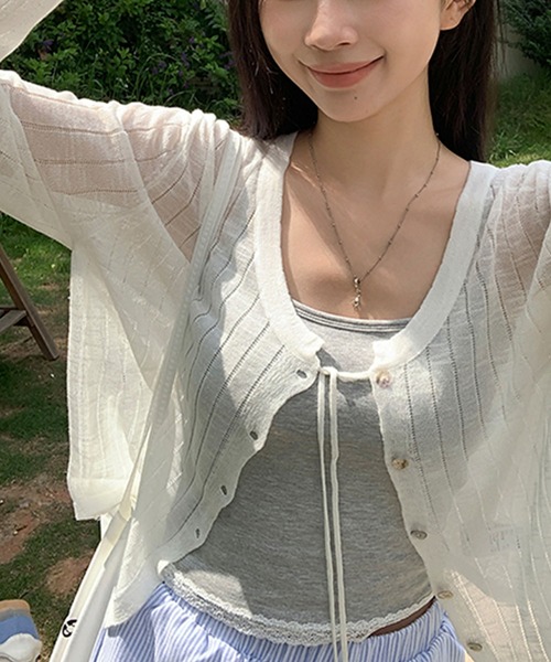 Girly Doll（ガーリードール）の「フロントリボンクルーネックサマーニットカーディガン（カーディガン/ボレロ・レディース・ライトブルー/ホワイト/パープル・FREE）」の14枚目の写真