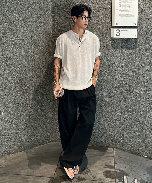 NOWLE（ノウル）の「【NOWLE】ヘンリーネック サマーニット 半袖 シャツ / リラックス トップス（ニット/セーター・メンズ・ホワイト/ブラック・MEDIUM/LARGE/X-LARGE）」の10枚目の写真