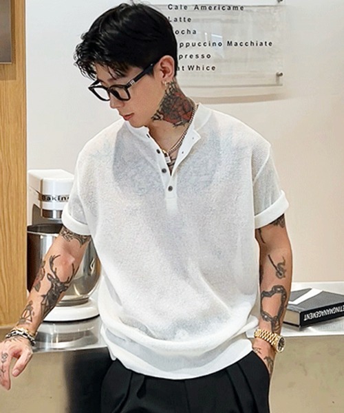 NOWLE（ノウル）の「【NOWLE】ヘンリーネック サマーニット 半袖 シャツ / リラックス トップス（ニット/セーター・メンズ・ホワイト/ブラック・MEDIUM/LARGE/X-LARGE）」の6枚目の写真