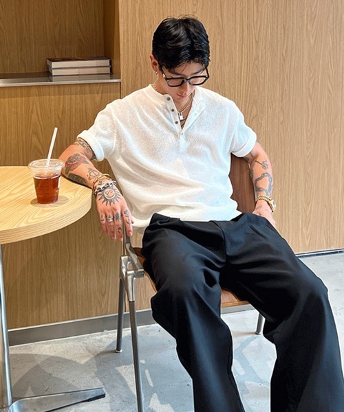 NOWLE（ノウル）の「【NOWLE】ヘンリーネック サマーニット 半袖 シャツ / リラックス トップス（ニット/セーター・メンズ・ホワイト/ブラック・MEDIUM/LARGE/X-LARGE）」の9枚目の写真