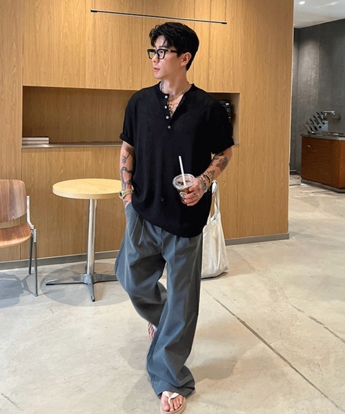 NOWLE（ノウル）の「【NOWLE】ヘンリーネック サマーニット 半袖 シャツ / リラックス トップス（ニット/セーター・メンズ・ホワイト/ブラック・MEDIUM/LARGE/X-LARGE）」の14枚目の写真