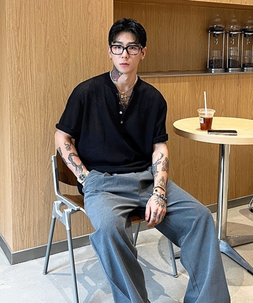 NOWLE（ノウル）の「【NOWLE】ヘンリーネック サマーニット 半袖 シャツ / リラックス トップス（ニット/セーター・メンズ・ホワイト/ブラック・MEDIUM/LARGE/X-LARGE）」の15枚目の写真