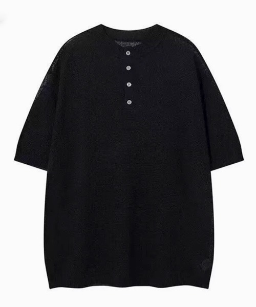 NOWLE（ノウル）の「【NOWLE】ヘンリーネック サマーニット 半袖 シャツ / リラックス トップス（ニット/セーター・メンズ・ホワイト/ブラック・MEDIUM/LARGE/X-LARGE）」の16枚目の写真