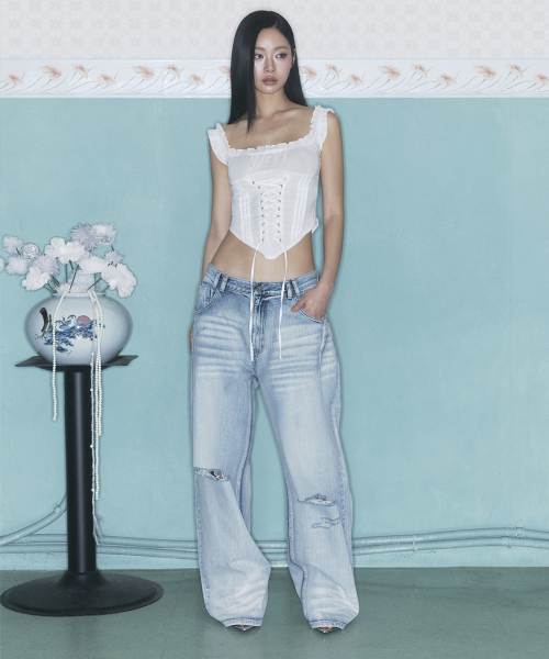 PLEASENOFOLLOW(プリーズノーフォロー)の「25Damaged Washing Wide Denim (Ice Blue)(デニムパンツ・レディース・その他・SMALL/MEDIUM/LARGE/X-SMALL)」の1枚目の写真