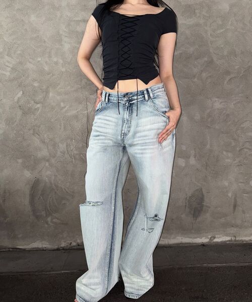 PLEASENOFOLLOW(プリーズノーフォロー)の「25Damaged Washing Wide Denim (Ice Blue)(デニムパンツ・レディース・その他・SMALL/MEDIUM/LARGE/X-SMALL)」の12枚目の写真