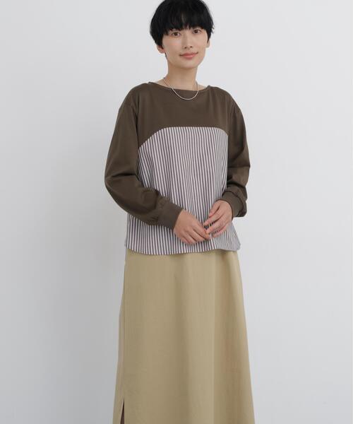 human woman(ヒューマンウーマン)の「◆バスク天竺異素材ミックスワンピース(ワンピース・レディース・ネイビー/ブラウン・MEDIUM)」の2枚目の写真
