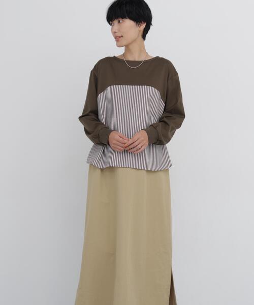 human woman(ヒューマンウーマン)の「◆バスク天竺異素材ミックスワンピース(ワンピース・レディース・ネイビー/ブラウン・MEDIUM)」の4枚目の写真