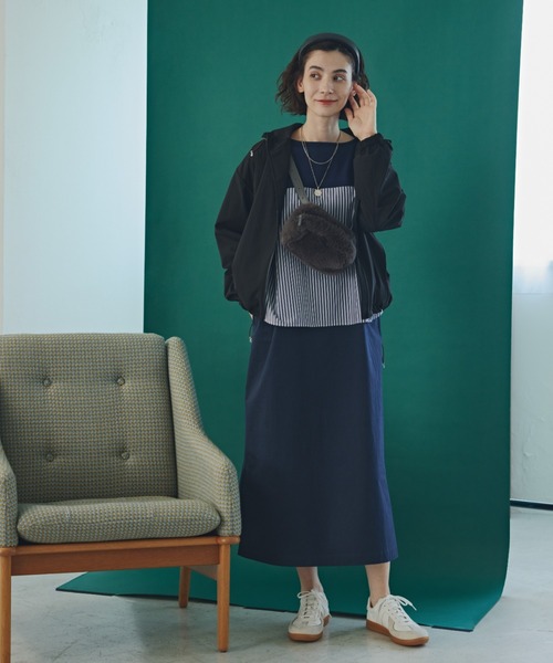 human woman(ヒューマンウーマン)の「◆バスク天竺異素材ミックスワンピース(ワンピース・レディース・ネイビー/ブラウン・MEDIUM)」の1枚目の写真