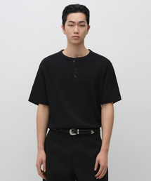 ワッフルヘンリーネックTシャツ[ブラック]