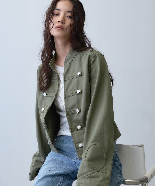 green 現HYKE 銀ボタン ナポレオン ミリタリージャケット セール】military napoleon button cropped jacket / ミリタリー