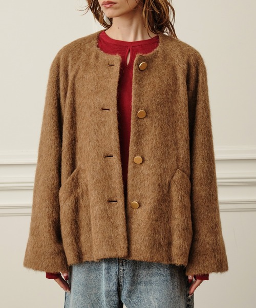 Nunc.(ヌンク)の「アルパカシャギーショートコート(ステンカラーコート・レディース・チャコールグレー/モカ/イエロー・FREE)」の11枚目の写真