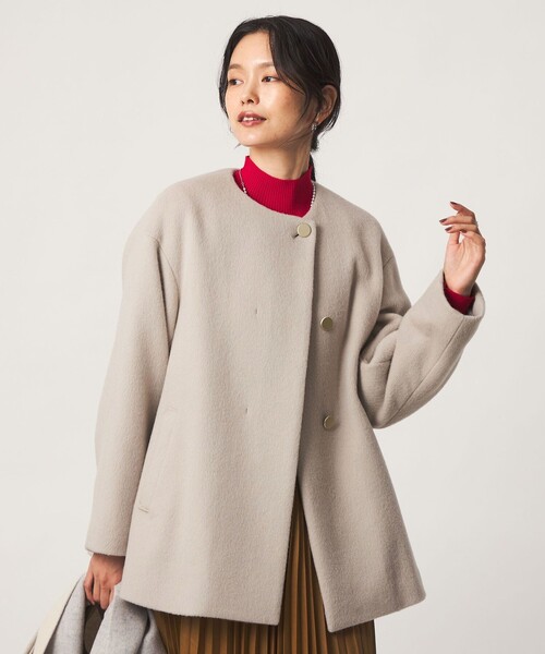green label relaxing（グリーンレーベルリラクシング）の「［size SHORTあり］アンゴラビーバー ミドルコート（ノーカラーコート・レディース・ナチュラル/ライトグレー/ネイビー・36/SHORT/40/38）」の5枚目の写真