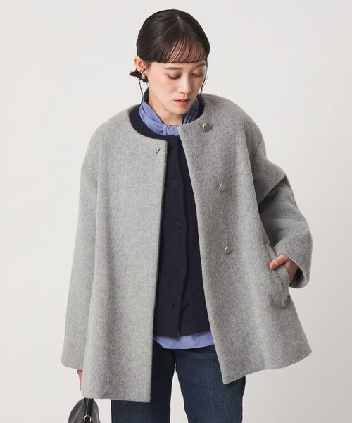 green label relaxing（グリーンレーベルリラクシング）の「［size SHORTあり］アンゴラビーバー ミドルコート（ノーカラーコート・レディース・ナチュラル/ライトグレー/ネイビー・36/SHORT/40/38）」の11枚目の写真