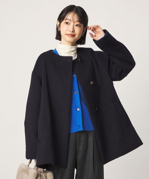 green label relaxing（グリーンレーベルリラクシング）の「［size SHORTあり］アンゴラビーバー ミドルコート（ノーカラーコート・レディース・ナチュラル/ライトグレー/ネイビー・36/SHORT/40/38）」の18枚目の写真