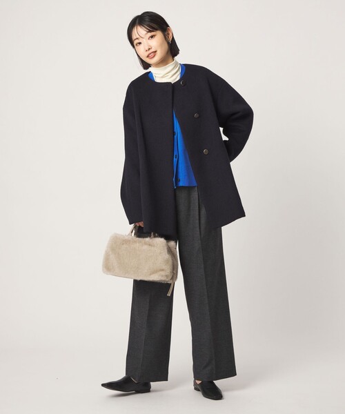 green label relaxing（グリーンレーベルリラクシング）の「［size SHORTあり］アンゴラビーバー ミドルコート（ノーカラーコート・レディース・ナチュラル/ライトグレー/ネイビー・36/SHORT/40/38）」の21枚目の写真