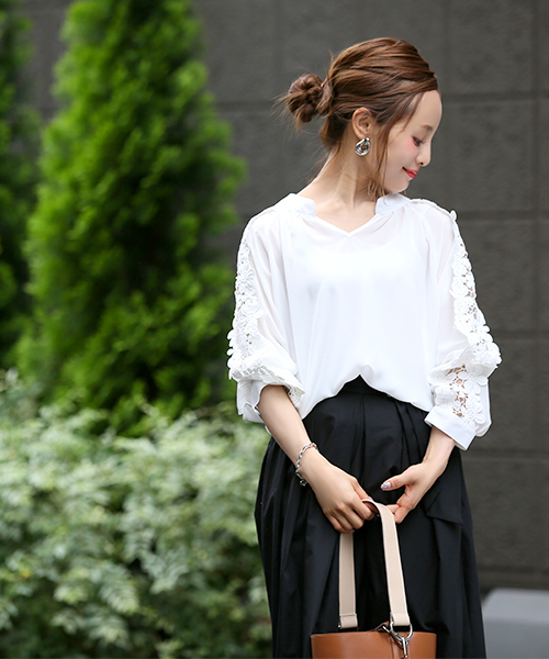 coca（coca）（コカ）の「ケミカルレーススリーブシフォンブラウス（シャツ/ブラウス・レディース・ブラック/ホワイト・ONE SIZE）」の16枚目の写真