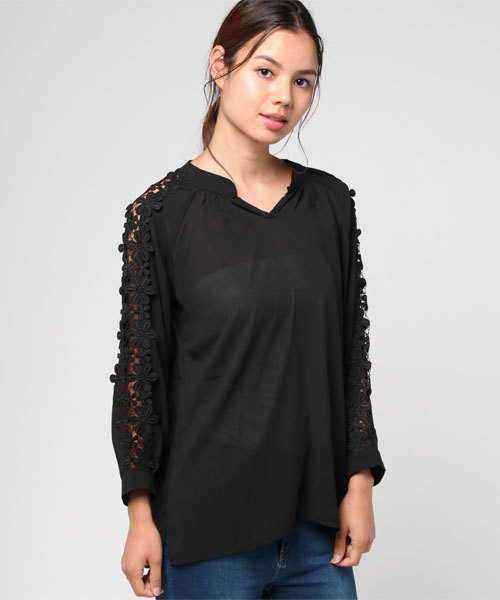 coca（coca）（コカ）の「ケミカルレーススリーブシフォンブラウス（シャツ/ブラウス・レディース・ブラック/ホワイト・ONE SIZE）」の2枚目の写真