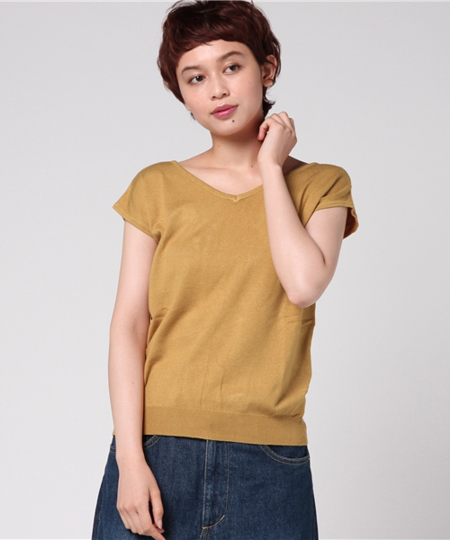 KOBE LETTUCE（コウベレタス）の「フレンチスリーブVネックサマーニットバックオープントップス（ニット/セーター・レディース・オフホワイト/ブラウン/ベージュ/ネイビー/マスタード/グリーン/レッド/ブラック/カーキ/ワイン/レモンイエロー/ライトパープル/グリーン系その他/コーラル/その他1/その他2/グレイッシュベージュ/ミント/ブルー・FREE）」の13枚目の写真