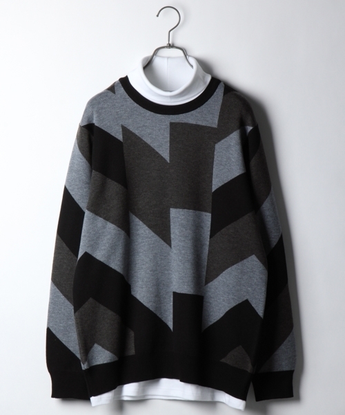 RAGEBLUE（レイジブルー）の「幾何学柄ジャガードニットクルー/772428（ニット/セーター・メンズ・ブルー/グレー/ブラック・LARGE/MEDIUM/SMALL）」の2枚目の写真