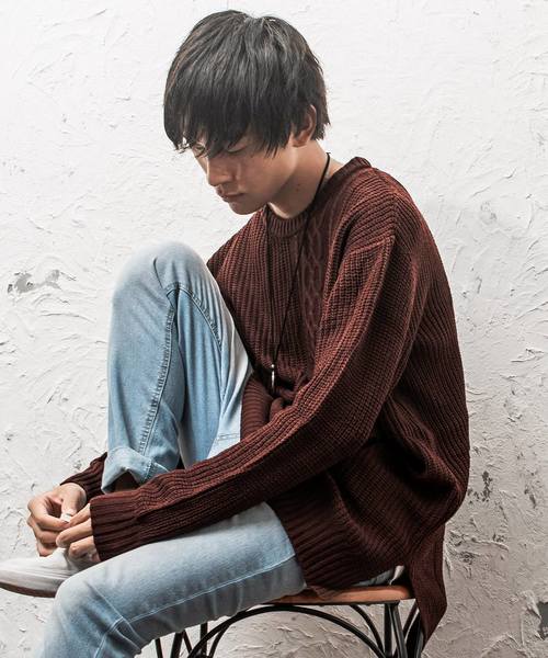 MinoriTY（マイノリティ）の「7Ｇ片畦ケーブルオーバーサイズクルーニット ビッグニット（ニット/セーター・メンズ・ホワイト/ブラック/ベージュ/ブラウン/グレー/カーキ/オレンジ/ワイン・M/L）」の5枚目の写真