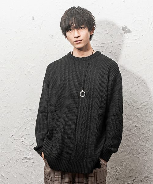 MinoriTY（マイノリティ）の「7Ｇ片畦ケーブルオーバーサイズクルーニット ビッグニット（ニット/セーター・メンズ・ホワイト/ブラック/ベージュ/ブラウン/グレー/カーキ/オレンジ/ワイン・M/L）」の3枚目の写真