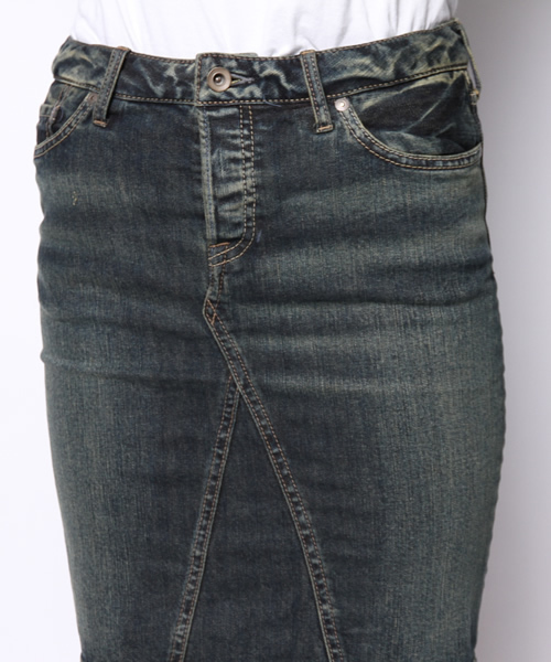 goa（ゴア）の「10oz ｽﾄﾚｯﾁﾃﾞﾆﾑ ひざ丈ｽｶｰﾄ（デニムスカート・レディース・ブラック/インディゴブルー・2/1）」の5枚目の写真