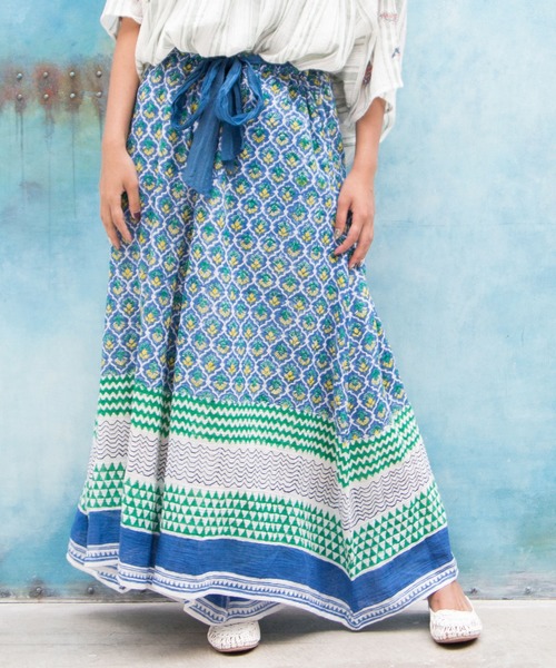 チャイハネ（チャイハネ）の「【チャイハネ】yul 綿麻ブロックプリントワイドパンツ（その他パンツ・レディース・ブルー/グリーン/マスタード/レッド・FREE）」の3枚目の写真