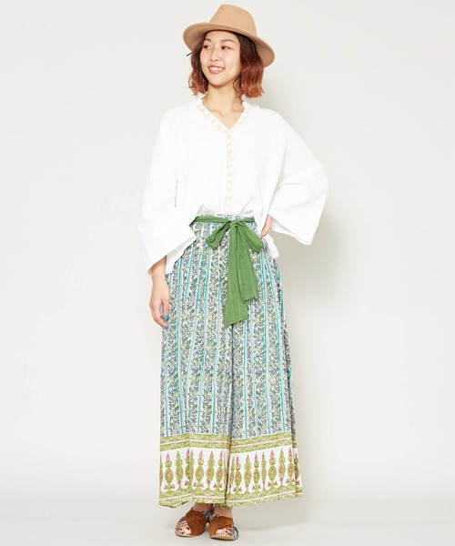 チャイハネ（チャイハネ）の「【チャイハネ】yul 綿麻ブロックプリントワイドパンツ（その他パンツ・レディース・ブルー/グリーン/マスタード/レッド・FREE）」の5枚目の写真