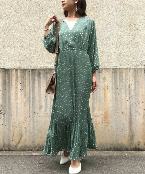 Fashion Letter ファッションレター の ドット柄プリーツカシュクールワンピース ロング丈 ss ワンピース Wear