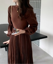 ハイネックリブニットドッキング ロングプリーツワンピース