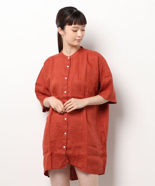 e.r.g*（イーアールジー）の「リネンショートワンピース（シャツ/ブラウス・レディース・レッド/オフホワイト/ブラウン・M）」の3枚目の写真