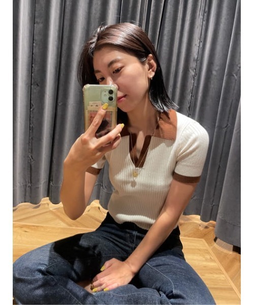 MOUSSY（マウジー）の「RANDOM RIB POLO トップス（ニット/セーター・レディース・カーキ/アイボリー/ネイビー・FREE）」の18枚目の写真