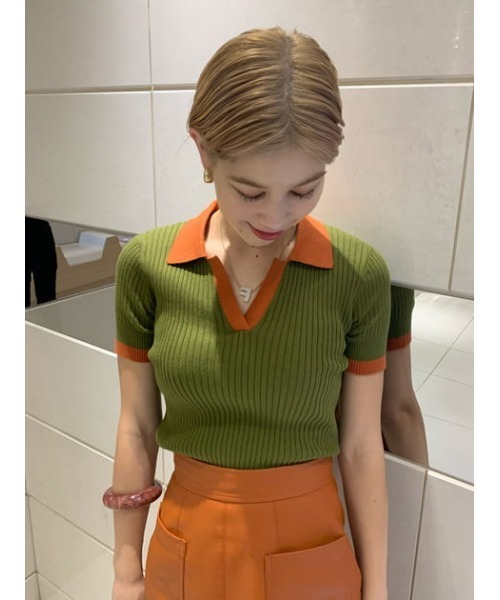 MOUSSY（マウジー）の「RANDOM RIB POLO トップス（ニット/セーター・レディース・カーキ/アイボリー/ネイビー・FREE）」の19枚目の写真