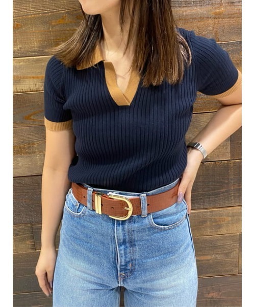 MOUSSY（マウジー）の「RANDOM RIB POLO トップス（ニット/セーター・レディース・カーキ/アイボリー/ネイビー・FREE）」の22枚目の写真