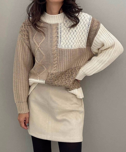 M y u(ミュー)の「【ZOZO限定アイテム】配色パッチワークニット(ニット/セーター・レディース・ベージュ/グレー・FREE)」の12枚目の写真