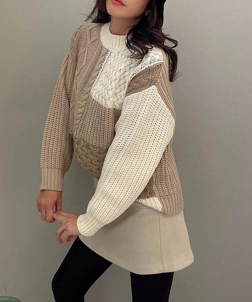 M y u(ミュー)の「【ZOZO限定アイテム】配色パッチワークニット(ニット/セーター・レディース・ベージュ/グレー・FREE)」の13枚目の写真