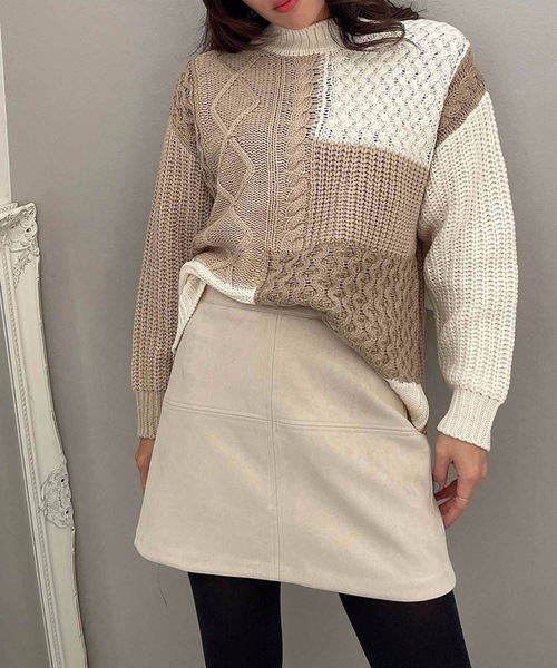 M y u(ミュー)の「【ZOZO限定アイテム】配色パッチワークニット(ニット/セーター・レディース・ベージュ/グレー・FREE)」の14枚目の写真