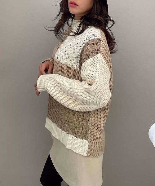 M y u(ミュー)の「【ZOZO限定アイテム】配色パッチワークニット(ニット/セーター・レディース・ベージュ/グレー・FREE)」の16枚目の写真