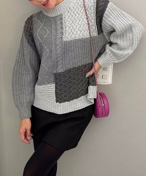 M y u(ミュー)の「【ZOZO限定アイテム】配色パッチワークニット(ニット/セーター・レディース・ベージュ/グレー・FREE)」の6枚目の写真