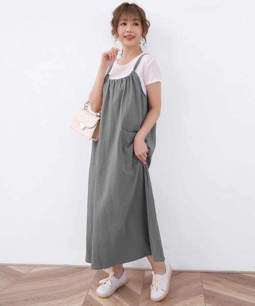 Doux Belle（ドゥーベル）の「ギャザーロングサロペットスカート（ジャンパースカート・レディース・ダークグレー/パープル/ライトグレー/ブラック/キャメル・FREE）」の15枚目の写真