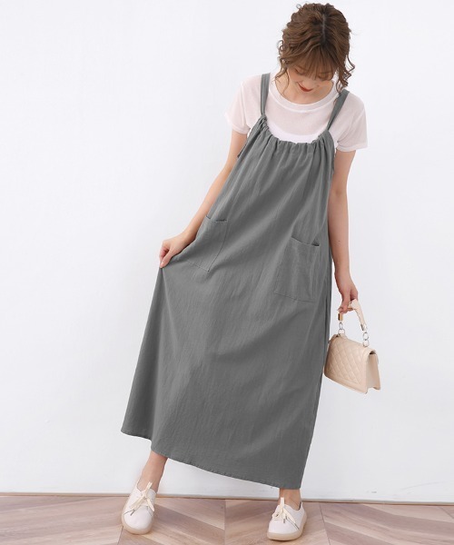 Doux Belle（ドゥーベル）の「ギャザーロングサロペットスカート（ジャンパースカート・レディース・ダークグレー/パープル/ライトグレー/ブラック/キャメル・FREE）」の18枚目の写真