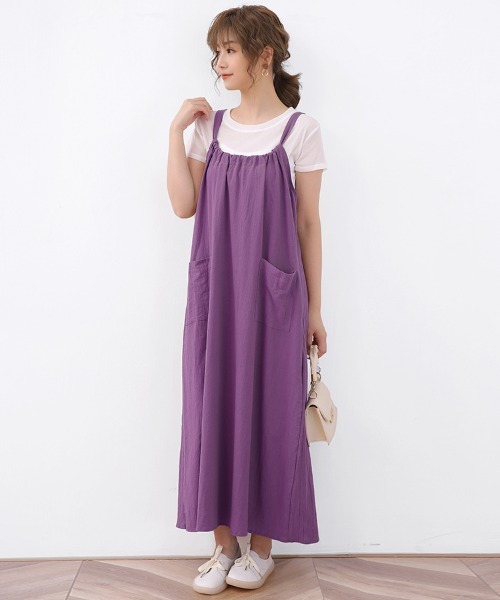 Doux Belle（ドゥーベル）の「ギャザーロングサロペットスカート（ジャンパースカート・レディース・ダークグレー/パープル/ライトグレー/ブラック/キャメル・FREE）」の6枚目の写真