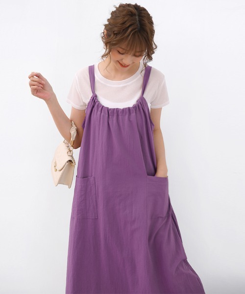 Doux Belle（ドゥーベル）の「ギャザーロングサロペットスカート（ジャンパースカート・レディース・ダークグレー/パープル/ライトグレー/ブラック/キャメル・FREE）」の22枚目の写真