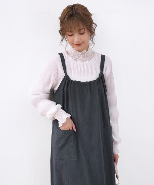 Doux Belle（ドゥーベル）の「ギャザーロングサロペットスカート（ジャンパースカート・レディース・ダークグレー/パープル/ライトグレー/ブラック/キャメル・FREE）」の13枚目の写真