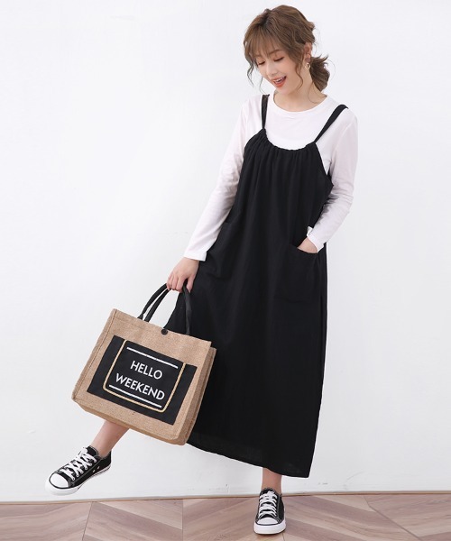 Doux Belle（ドゥーベル）の「ギャザーロングサロペットスカート（ジャンパースカート・レディース・ダークグレー/パープル/ライトグレー/ブラック/キャメル・FREE）」の19枚目の写真