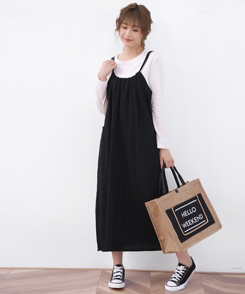 Doux Belle（ドゥーベル）の「ギャザーロングサロペットスカート（ジャンパースカート・レディース・ダークグレー/パープル/ライトグレー/ブラック/キャメル・FREE）」の7枚目の写真