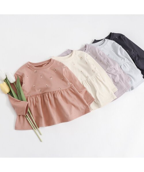 apres les cours（アプレレクール）の「【HAPPY PRICE】チューリップ柄切り替えペプラムTシャツ（Tシャツ/カットソー・キッズ・ライトインディゴブルー/アイボリー/オレンジ/サックスブルー/ラベンダー・130/140/80/90/100/110/120）」の17枚目の写真