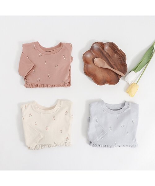 apres les cours（アプレレクール）の「【HAPPY PRICE】チューリップ柄切り替えペプラムTシャツ（Tシャツ/カットソー・キッズ・ライトインディゴブルー/アイボリー/オレンジ/サックスブルー/ラベンダー・130/140/80/90/100/110/120）」の16枚目の写真