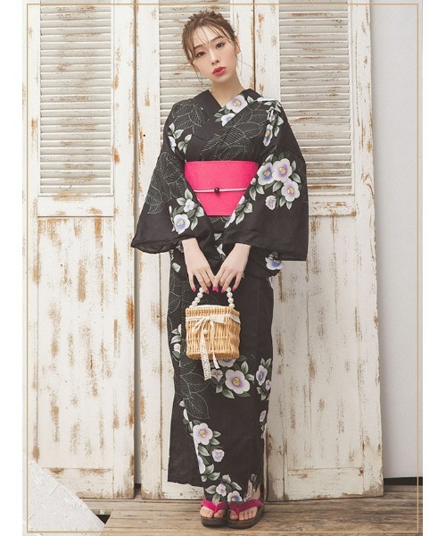 [CLOSED] 浴衣3点セット レディース 黒地×寒椿柄 かわいい
