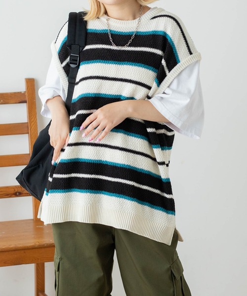 WEGO（ウィゴー）の「WEGO/レトロボーダーニットベスト（ベスト・メンズ・ダークグリーン/ホワイト/ベージュ/ブラック・MEDIUM/LARGE）」の11枚目の写真